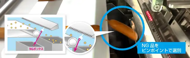 NG品のピンポイント選別の説明。エアー噴射でNG品のみを選別。
